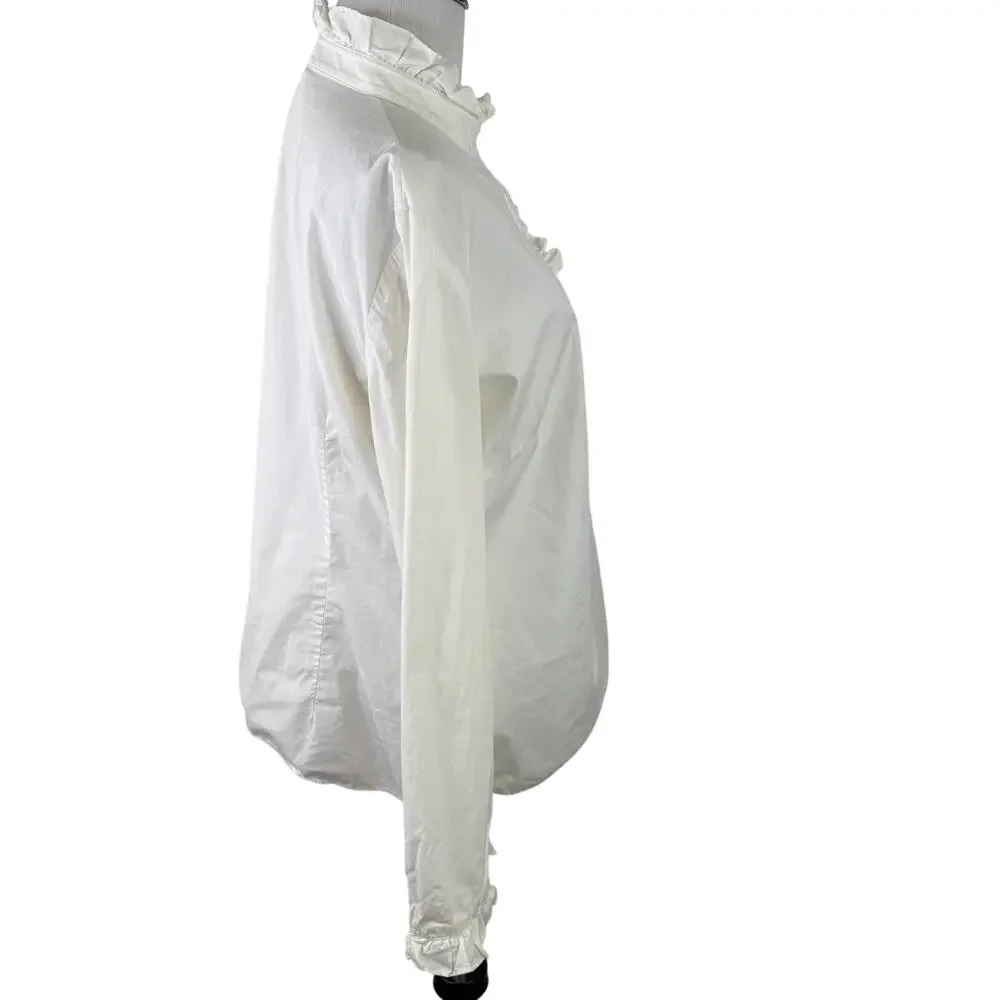 Tory Burch Women's White Ruffle Neck Long Sleeve Blouse Shirt Size 10